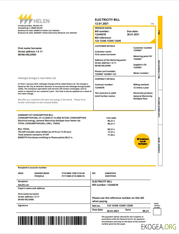 Finland HELEN utility bill template in Word and PDF format